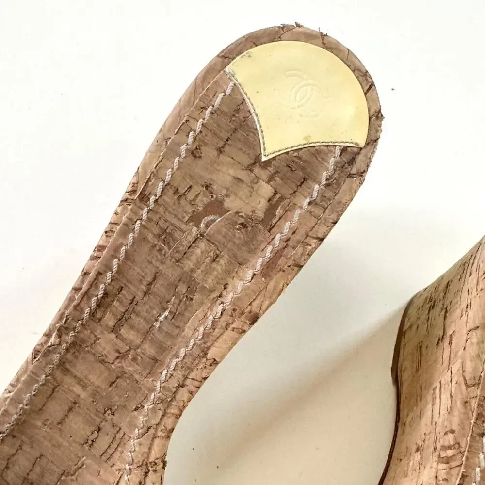 Y2k chanel cruise blue striped cork wedges